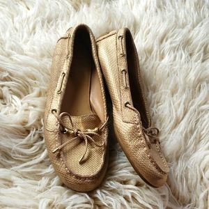 Beige & Gold Flat Leather Boat Shoes by Talbots | Size 8.5m